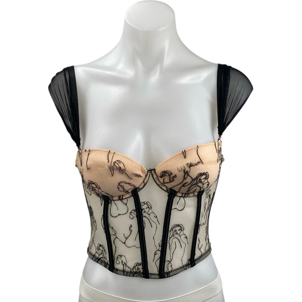 Women's Beige Black Mesh Corset Bustier Cap Sleeve Lady Stitch Crop Top Size S